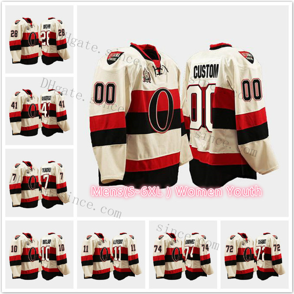 

Custom 72 Thomas Chabot Ottawa Senators 2014 Heritage Classic Brady Tkachuk Borowiecki Anthony Duclair Daniel Alfredsson White Jersey -Factory Outlet, Black;red