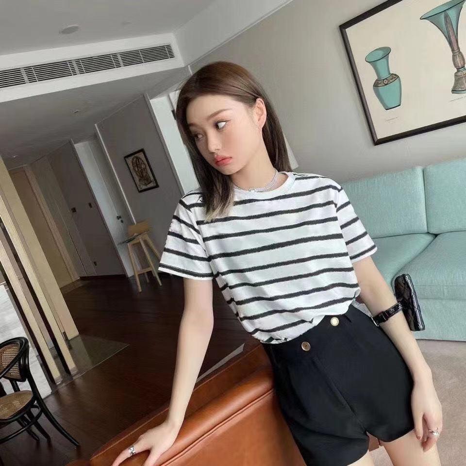 

Women's T-Shirt 2021 summer temperament letters embroidered striped short sleeve slim versatile knit top, White