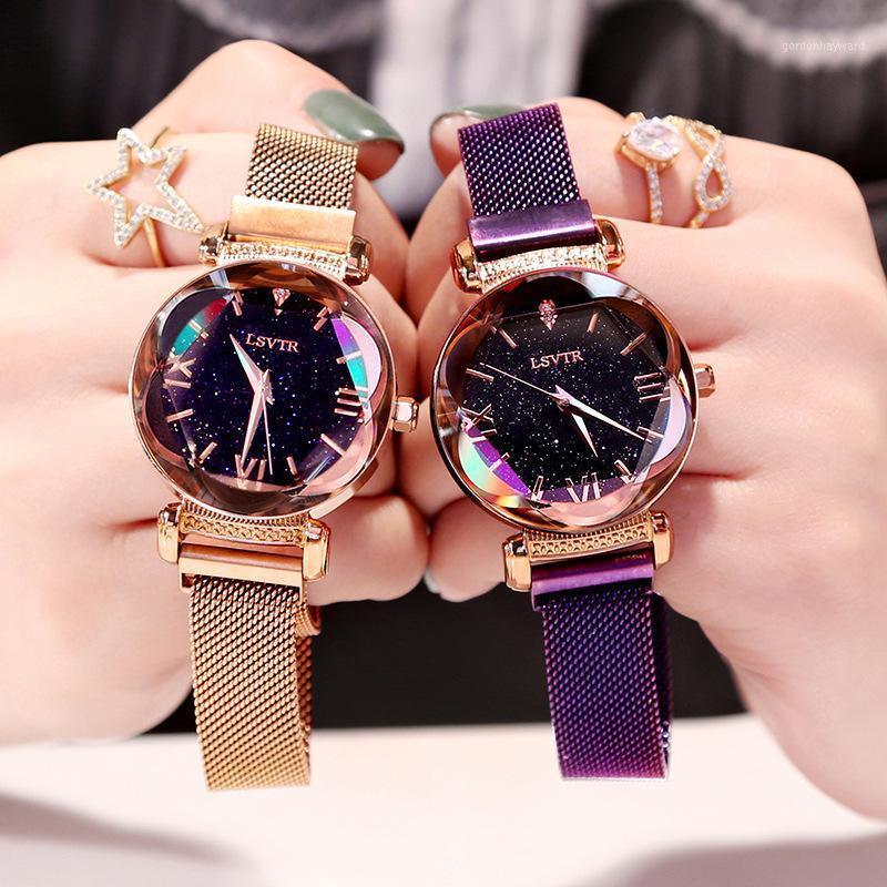 

Wristwatches Luxury Women Watches Fashion Elegant Magnet Buckle Vibrato Purple Ladies Wristwatch 2021 Starry Sky Roman Numeral Gift Clock, Blue