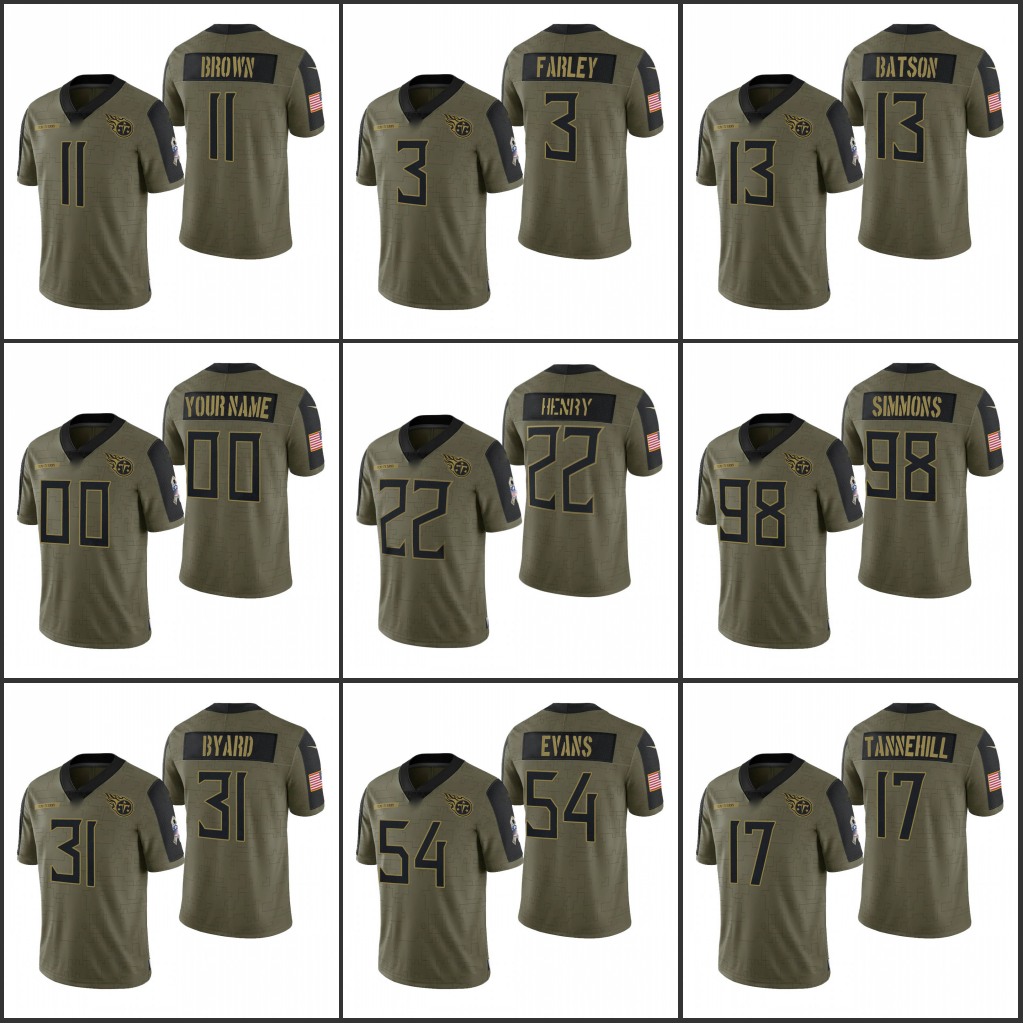 

Tennessee''Titans''Men #22 Derrick Henry 31 Kevin Byard 17 Ryan Tannehill 11 A.J. Brown Custom Women Youth Olive 2021 Salute To Service Limited Jersey
