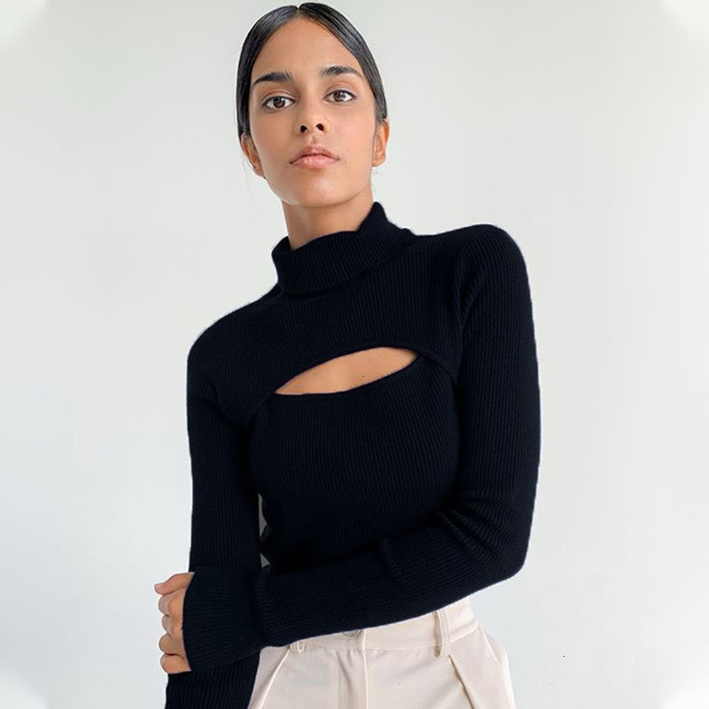 

Women's Sweaters In spring and autumn, wear long sleeves with holes sexy striped in the chest J7AF, Black