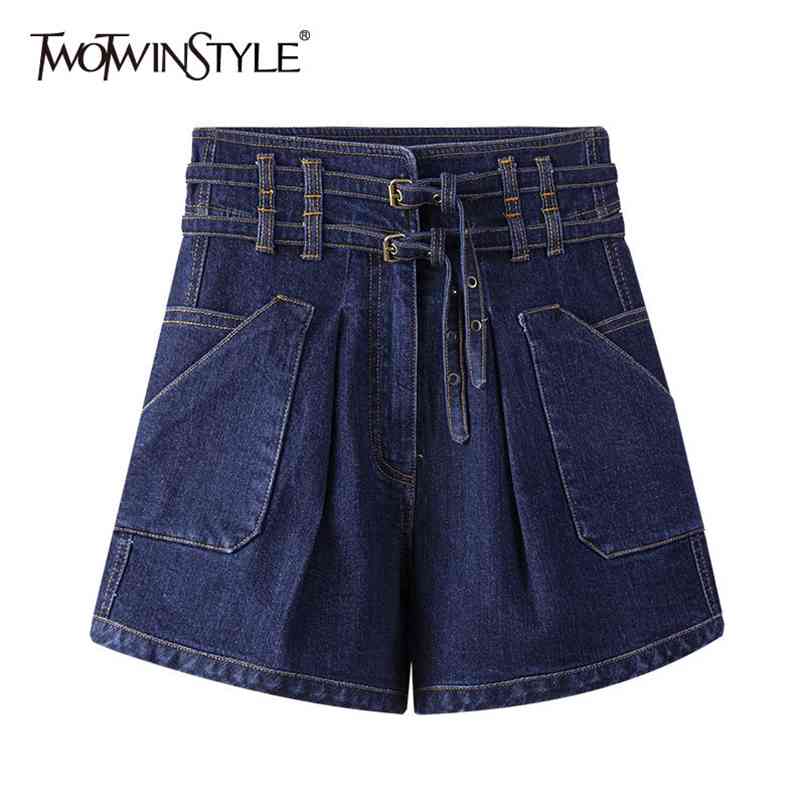 

Blue Patchwork Pocket Short For Women High Waist Sashes Casual Minimalist Joker Denim Shorts Female Fashion 210521