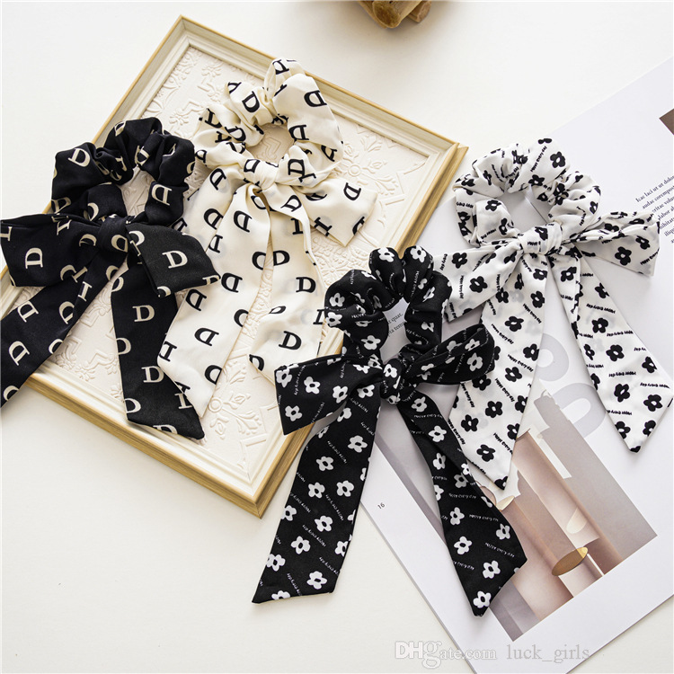 

sweet girls bow Hair Accessories scrunchies woman kids letter print bow horsetail ribbon large intestine hair ring woman chiffon cloth headdress D032, Black-flower