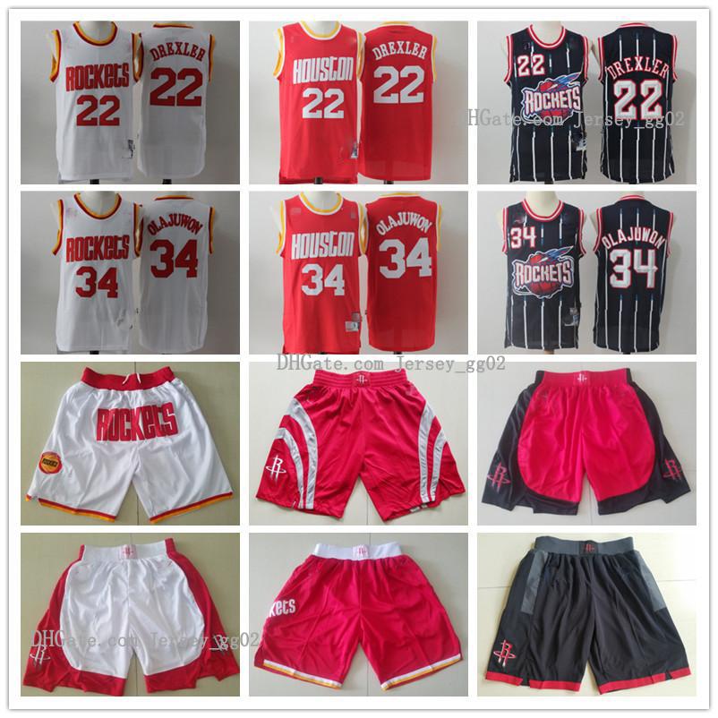 

Mens Houston nba Rockets Throwback jersey Hakeem 34 Olajuwon Clyde 22 Drexler Basketball Shorts Basketball Jerseys red white, Black;red