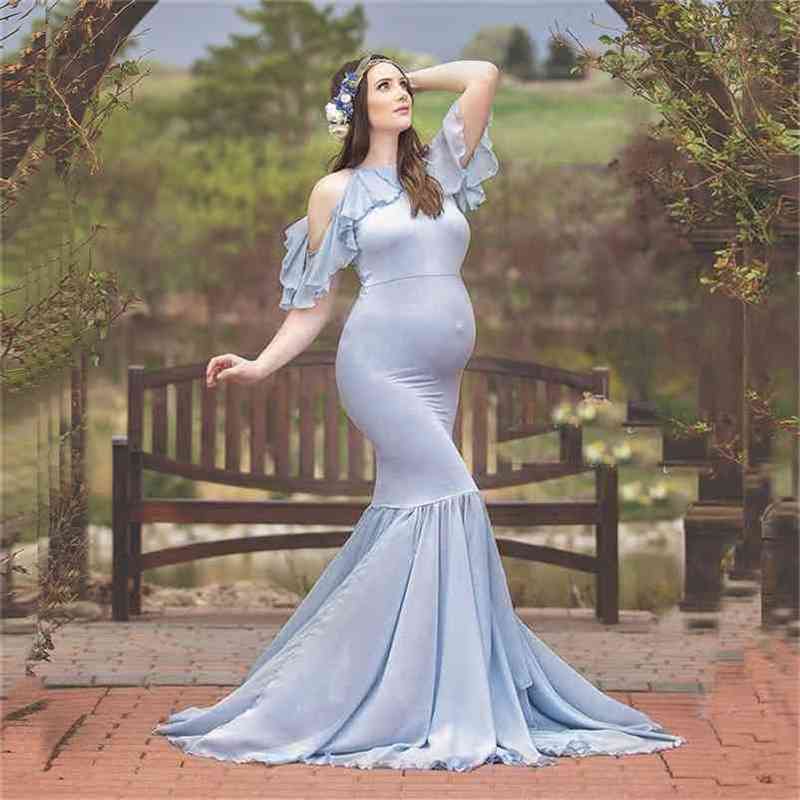 

Vetement Femme Women Pregnants Maternity Dress Pography Props Ruffles Off Shoulder Solid for po shoot 210721, Blue