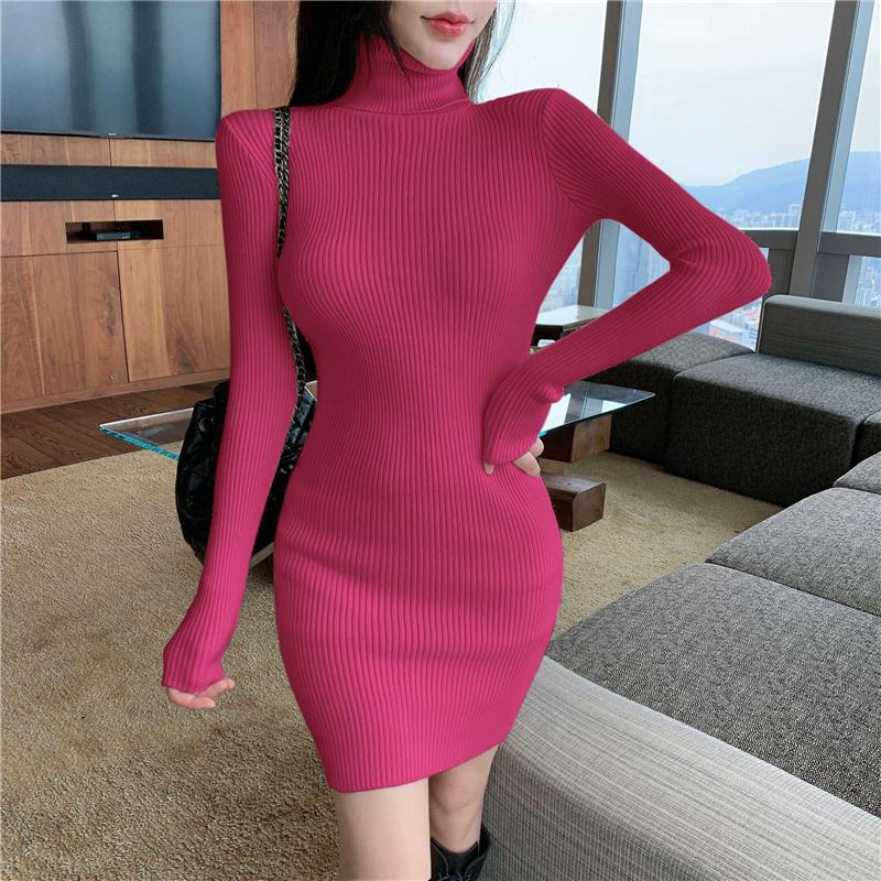 

Casual Dresses Autumn Winter Bottom Clothes Tight Sexy Wrap Hip Long Sleeve Turtleneck Dress Vestido De Mujer Solid Wild Knitting Elastic, Black;gray