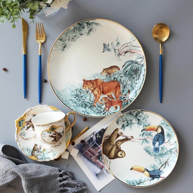 

Dishes & Plates Ceramic Fantasy Jungle Round Bone China Animal Dessert Fruit Snack Plate Home Dinnerware Decoration