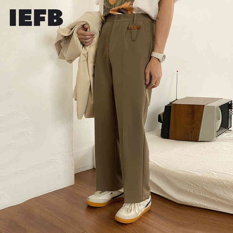 

IEFB Men's Clothing Korean Ins Trend Wide Leg Suit Pants Label Chain Decorationcasual Business Trousers Male 9Y6911 210524, Brown