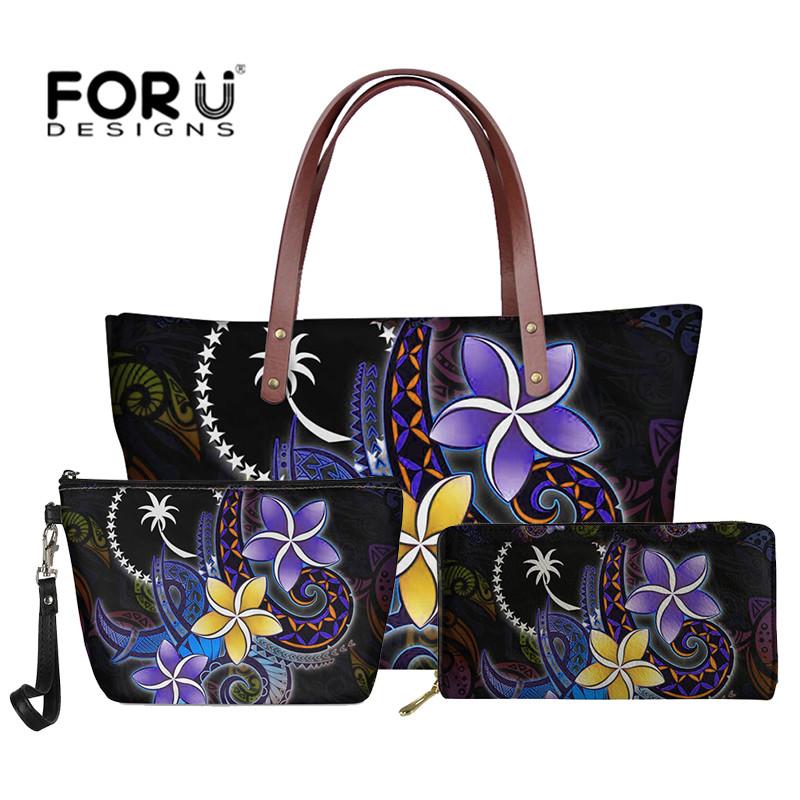 

3pcs Set Women Shoulder Bag And Purse Chuuk Tribe Hawaiian Plumeria Printed Ladies Handbags Zipper Beach For Girls Party Sac Evening Bags