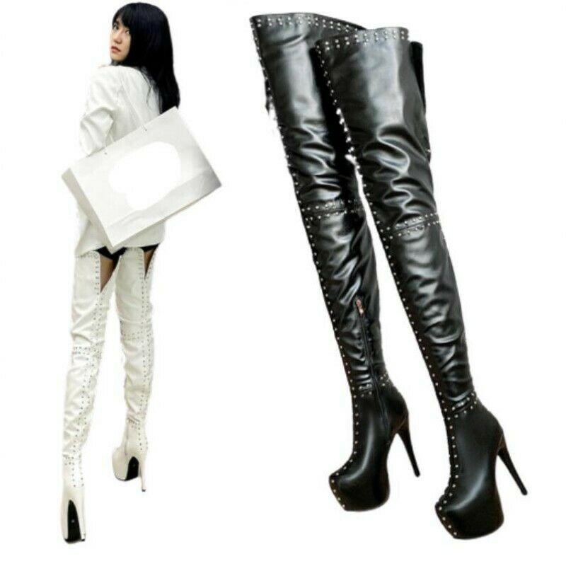 

Boots Women's Rivets Crotch Over Knee Thigh Stilettos High Heel Platform Party, White