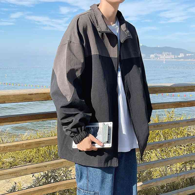 

Jacket men' spring and autumn stitching trendy brand ins loose casual Korean versatile sports stand collar coat, Dark grey high quality