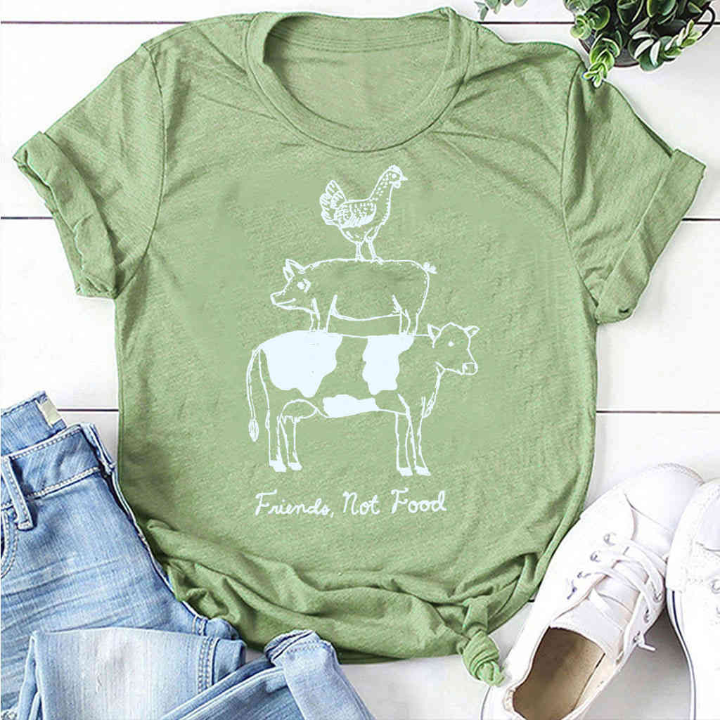 

autumn fashion round neck women's short sve street trendy animal cow pig chicken printed tt shirt, White