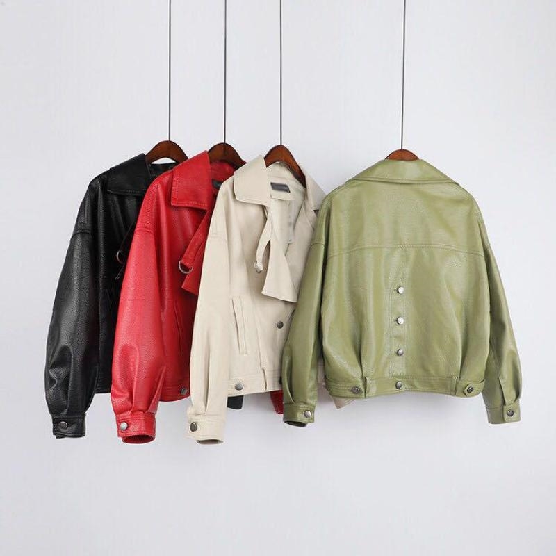 

Spring Autumn Women Short Leather Jacket Fashion Loose Casual Long Sleeved Green Faux Coats Ladies Basic 210602, Beige