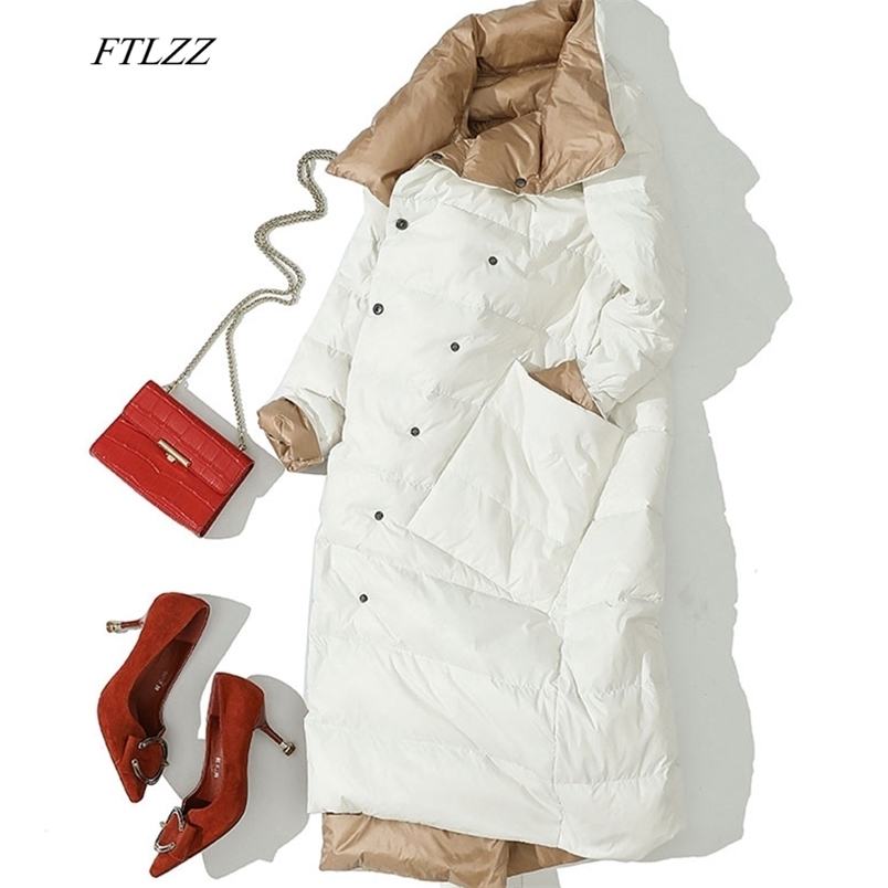 

FTLZZ Women Double Side Long Jacket Winter Ultra Light White Duck Down Parka Breasted Plus Size 3xl Female Outwear, Gold