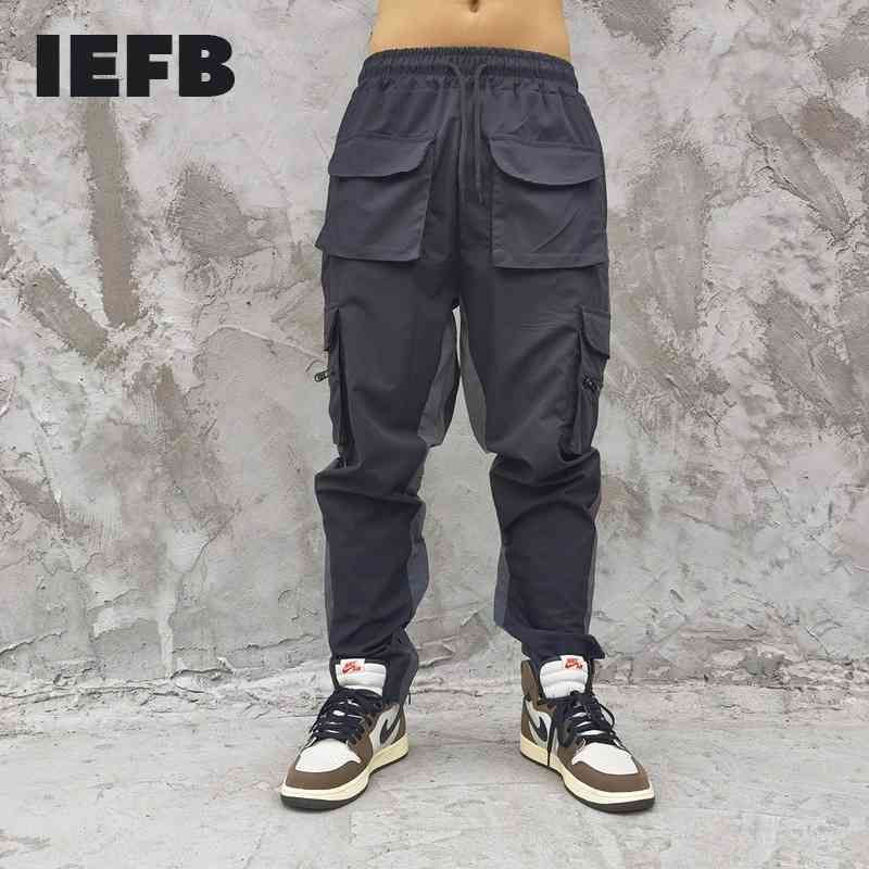 

IEFB Multi Pocket Overalls Men's Trendy Elastic Waist Black Work Clothes Cusual Drawstring Straight Trousers 9Y7293 210524