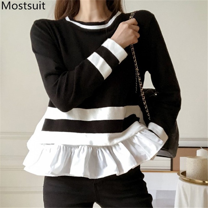 

Color-blocked Knitted Ruffles Sweater Pullovr Women Full Sleeve O-neck Vintage Fashion Female Jumpers Tops Femme 210518, Black