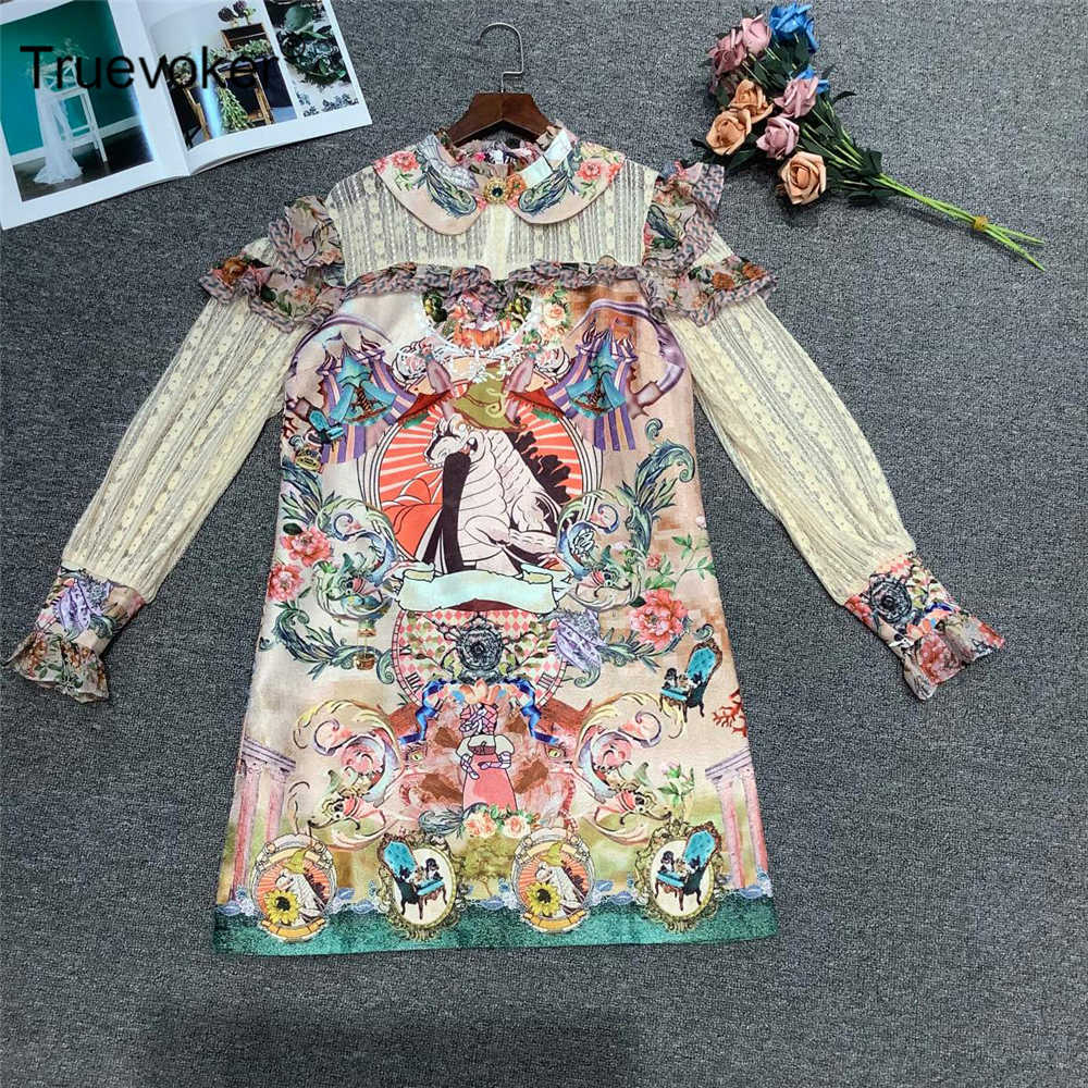 

Truevoker Spring Runway Fashion Dresse's Lantern Sleeve Vintage Print Ruffle Patchwork Straight Dress 210602, Blue