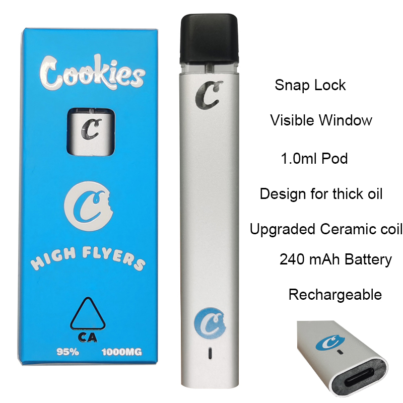 

Cookies Disposable Vape Pens High Flyers Packaging Delta 8 Vapes Pod Atomizers 240mah Rechargeable 1.0ml Ceramic Coil Carts Press on Mouthpiece Thick Oil Vaporizer