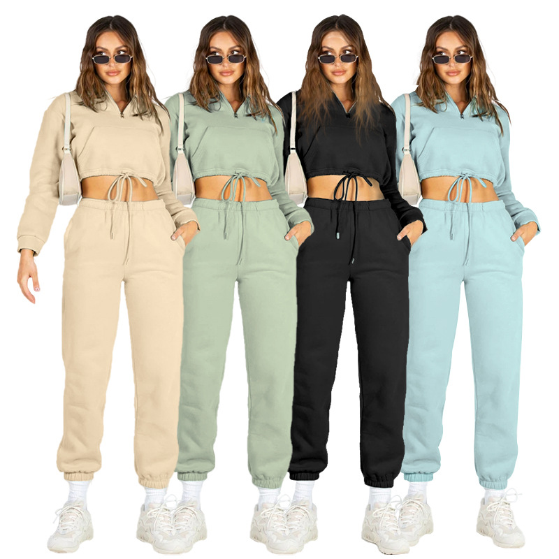 

2021 European and American Fall winter Solid Color Stand-up Collar Zipper Drawstring Navel Plus Velvet Sweatshirt Casual Sweatpants Suit Women, Gray