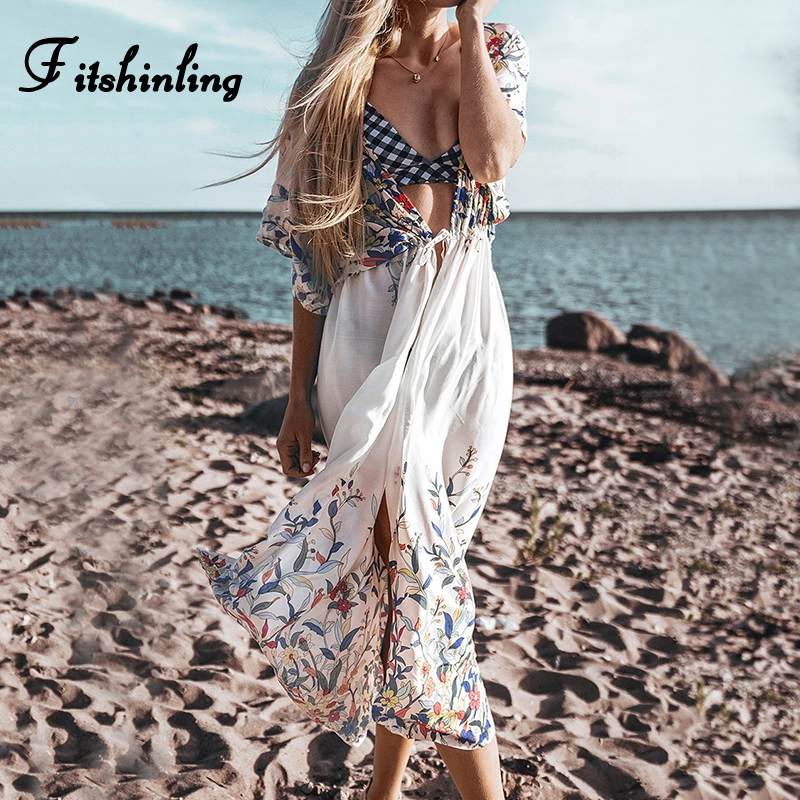

Fitshinling Print Floral Beach Kimono Swimwear Summer Holiday Bohemian Sexy Bikini Cover-Up Dstring White Swimsuit Outing Hot