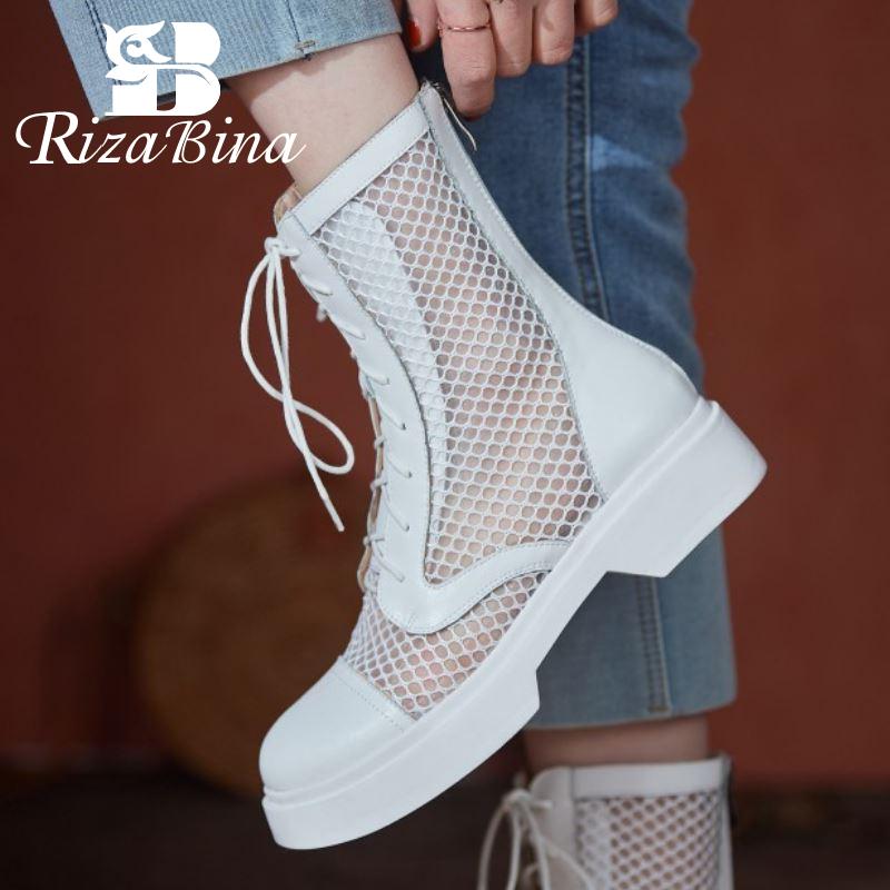 

Boots RIZABINA Women Real Leather Summer Round Toe Zipper Cross Strap Hollow Out Shoes Cool Pumps Ladies Size 32-43, Black