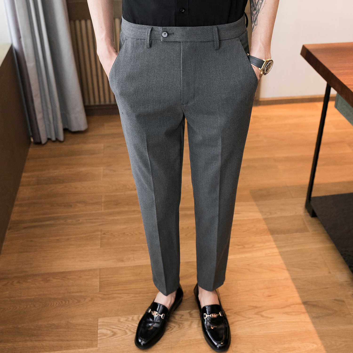 

Fashion Casual Pants Men Spring Summer Business Dress Pants Embroidery Office Social Trousers Wedding Suit Pants Black 210527, Gray