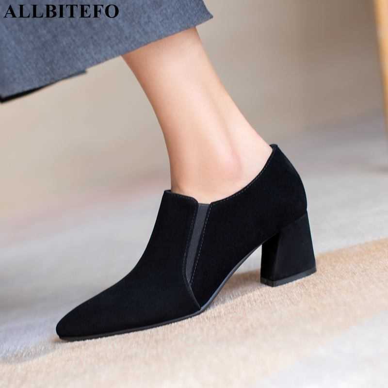 

ALLBITEFO size 33-43 suede sheepskin genuine leather women heels shoes fashion leisure high heel shoes office work walking shoes 210611, Heel height 2.5cm
