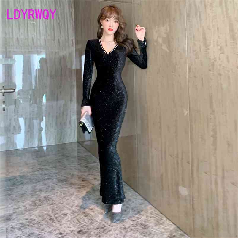 

Long slim bottom long sleeve dress Office Lady Sheath Solid Zippers Ankle-Length Polyester 210603, Black