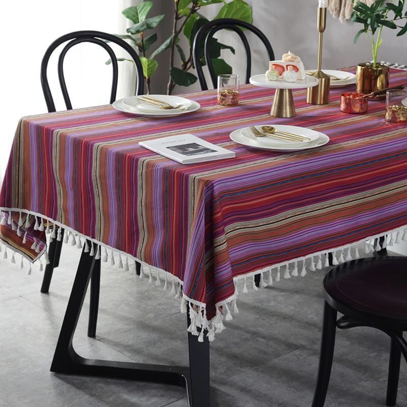 

Table Cloth 60cm-260cm Ethnic Style Striped Tassel Tablecloth El Wedding Decorative, Red