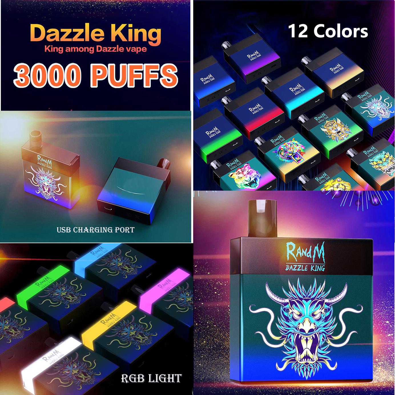 

Original RandM DAZZLE KING 3000 Puffs Disposable Device Kit 1100mAh Battery Prefilled 8ml Pods Vape Stick Pen Colorful LGB Led Light 12 Colors Bar Plus 100% Authentic