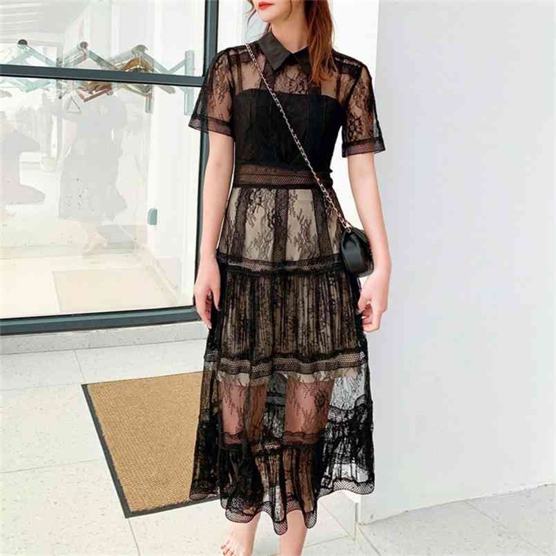 

Fashion Sexy Perspective Black Lace Dress Women Elegant Turn-down Collar Short Sleeve Runway Designer 210603, Picture color