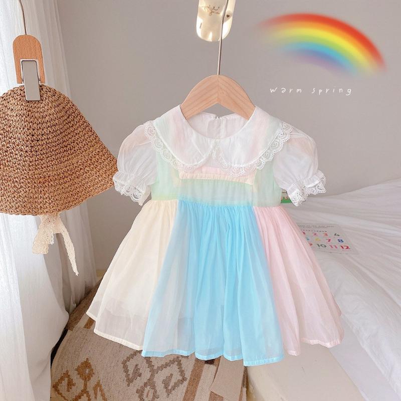 

Sweet Girls Kids Princess Pastel Dress Summer Outfits Short Sleeve Children Baby Rainbow Dresses Vestidos S12598 Girl's