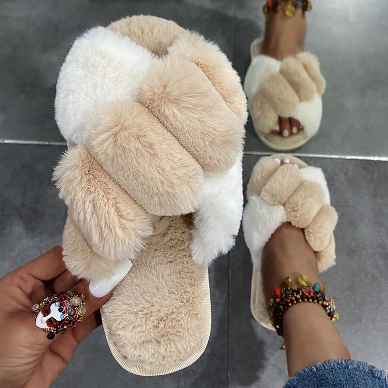 

Slippers Women Autumn And Winter Indoor Fuzzy Female Luxury Cozy Fluffy Flip Flops Ladies Soft Plush Home For, Khaki