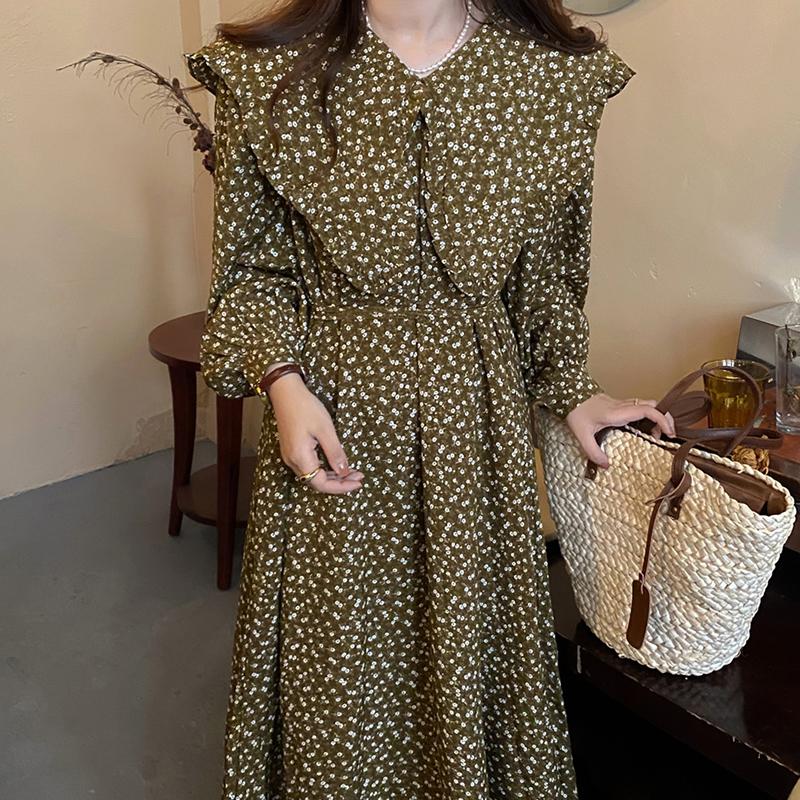 

Casual Dresses Korean Chic Autumn Retro Lace Up Waist Large Lapel Lantern Sleeve Floral Dress Women Slim Print Vestidos Fashion, Black;gray