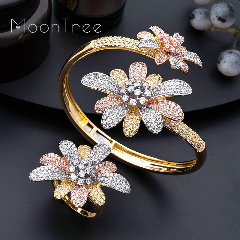 

Earrings & Necklace ModemAngel Blossom Flower High Quality Bangle And Ring Full Micro Cubic Zirconia 3 Tone Copper Women Wedding Gift, Silver