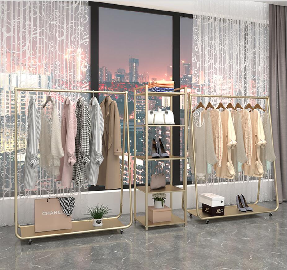 Clothing store bag rack display frame Commercial Furniture floor type iron cloth stand gold women's children's clothes show shelf-image-710436469
