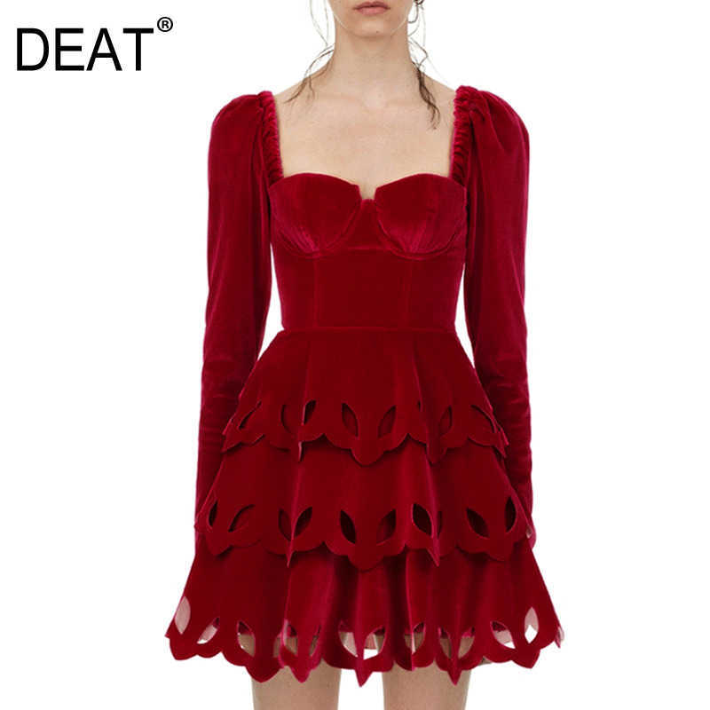 

[DEAT] Summer Fashion Tiide Square Collar High Waist Hollow Out Long Sleeve Solid Color Temperament Dress Women 13D199 210527, Red
