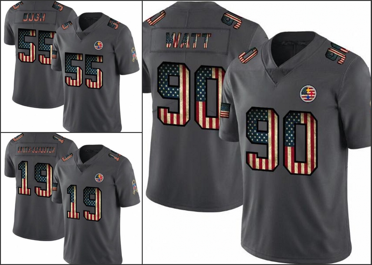 

PittsburghSteelersMen #55 Devin Bush 19 JuJu Smith-Schuster 90 T.J. Watt Women Youth Retro USA Flag Limited Jersey, Black;red
