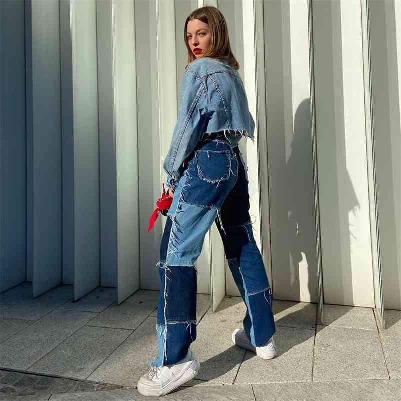 

Paris Girl Color Block Two Piece Denim Set Women Jacket And Pencil Pants Vintage Fashion High Waist Jeans Streetwear 210524, Pink