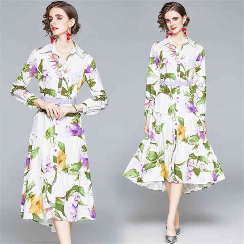 

Spring Autumn est Runway Designer Floral Ruffles Dress Women's Long Sleeve Shirt Collar Printed with Belt 210603, Design and color