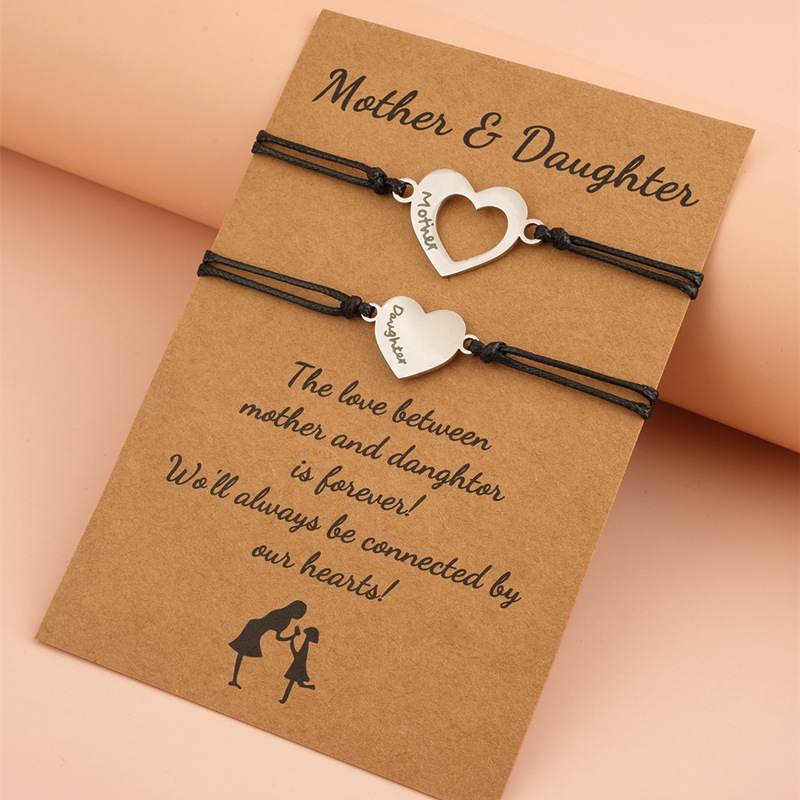 

Print Mother Daughter Letter Stainless Steel Bracelet Leather Rope Chain Heart Charm Bracelets for Women Mother's Day Gift