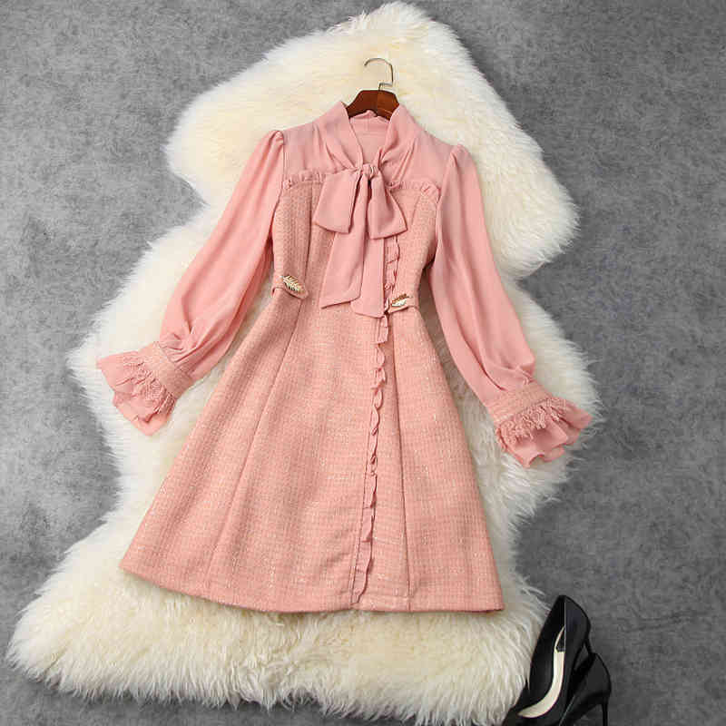 

HIGH STREET Fashion Spring Runway Dress Women's Bowknot Flared Sleeve Waist Bright Silk 210521, Black