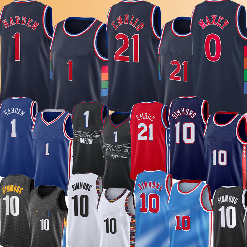 

2022 Jame 1  Harden Basketball Jersey Joel 21 Embiid Tyrese 0 Maxey Ben 10 Simmons Jerseys -XXL Blue White Red Black Embroidery Logos