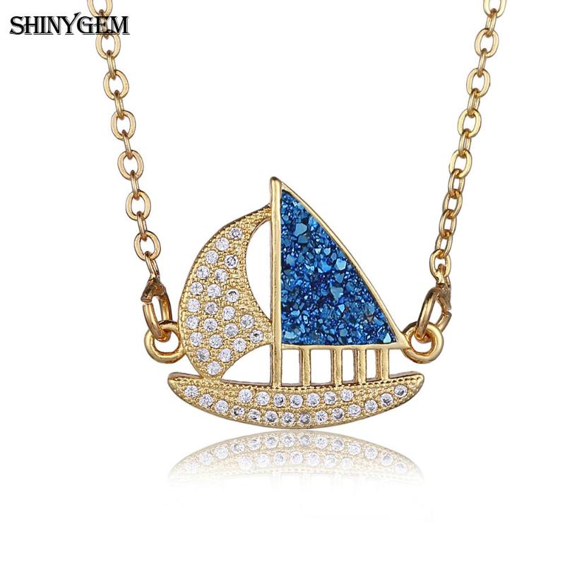 

Pendant Necklaces ShinyGem TRENDY Sailboat Necklace Gold Plating CZ Crystal Stone Zircon Lucky Boat Ship Chain For Women