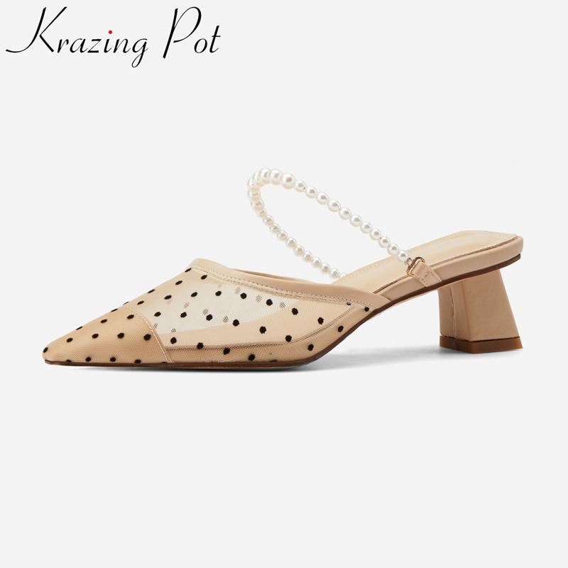 

Sandals Krazing Pot Size 40 Comfort Mesh Slip On Pearl Brand Pointed Toe Med Heel Summer Shoes Casual Mules Polka Dot Women L96, Black