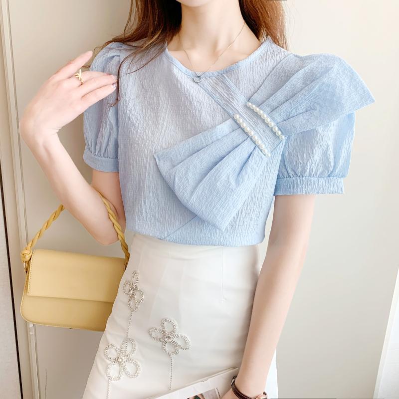 

Women' Blouses & Shirts Small Design Sense Puff Sleeve Big Bow White Shirt Korean Round Neck Chiffon Blouse Female, Blue