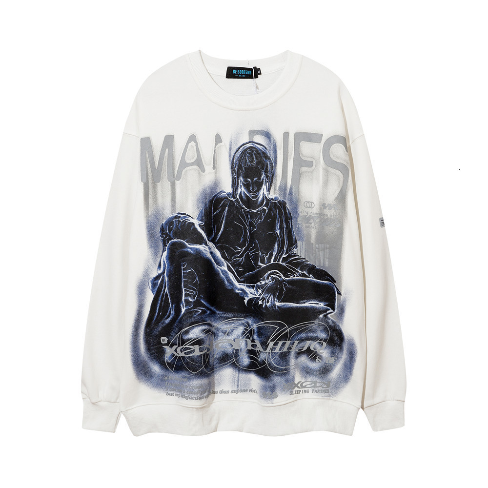 

Sweatshirts Dark fashion mens high street trend loose round neck long sleeve Pullover Hoodie, White