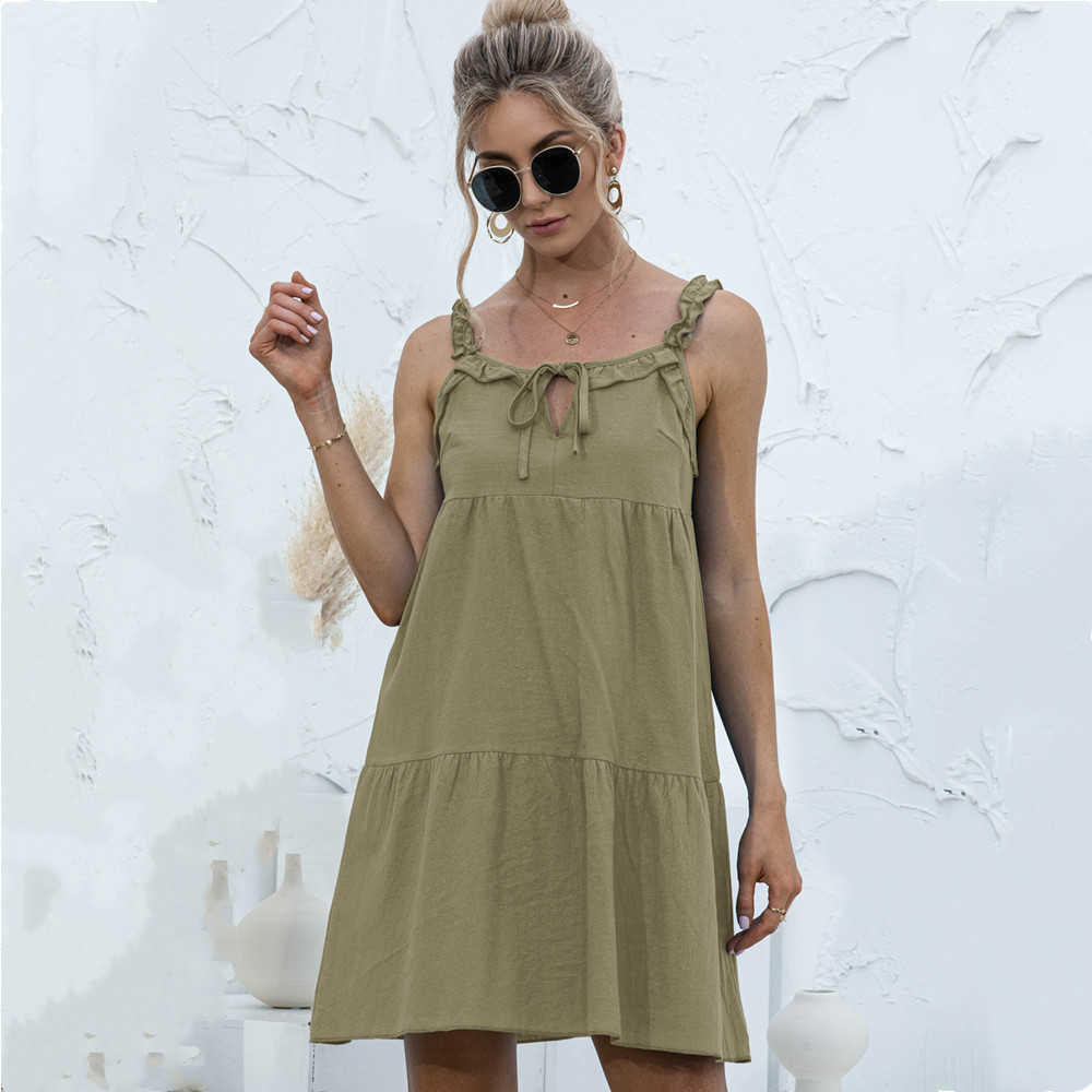 

Summer Fashion Sling Pleated Party Dress Elegant Backless Solid Ruffle Mini Women Sexy Lace Up Beach es Vestidos 210526, Army green