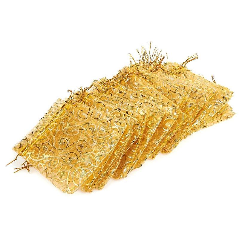 

Gift Wrap 100Pcs 10X15cm Eyelash Printed Gold Organza Bags Jewelry Pouch Drawstring Pouches For Wedding Favors Candy Bag
