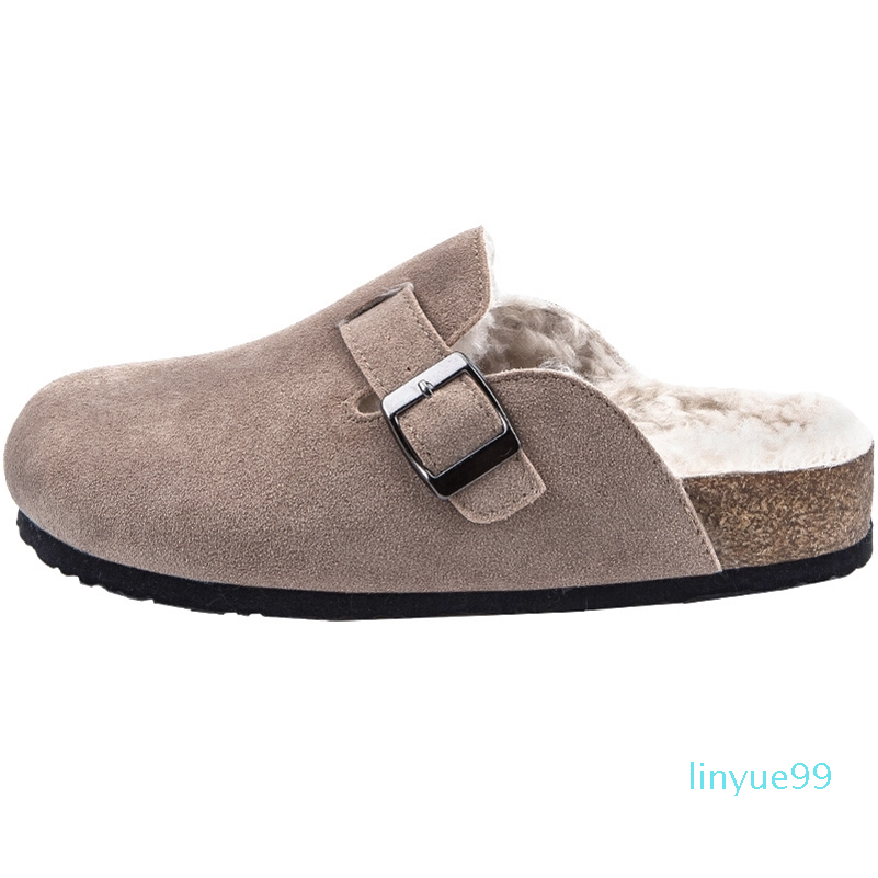 

Winter Faux Cow Suede Leather Mule Clogs Slippers Long Plush Warm Indoor Soft Cork Buckle Slides Footwear For Women Men Y201026, Gray